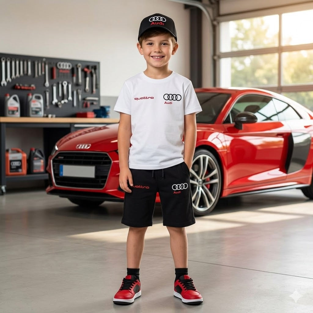 Audi Sport Kids White Sleek T-Shirt, Shorts and Cap Set - Kids Boys/Teens (Age 2-16)