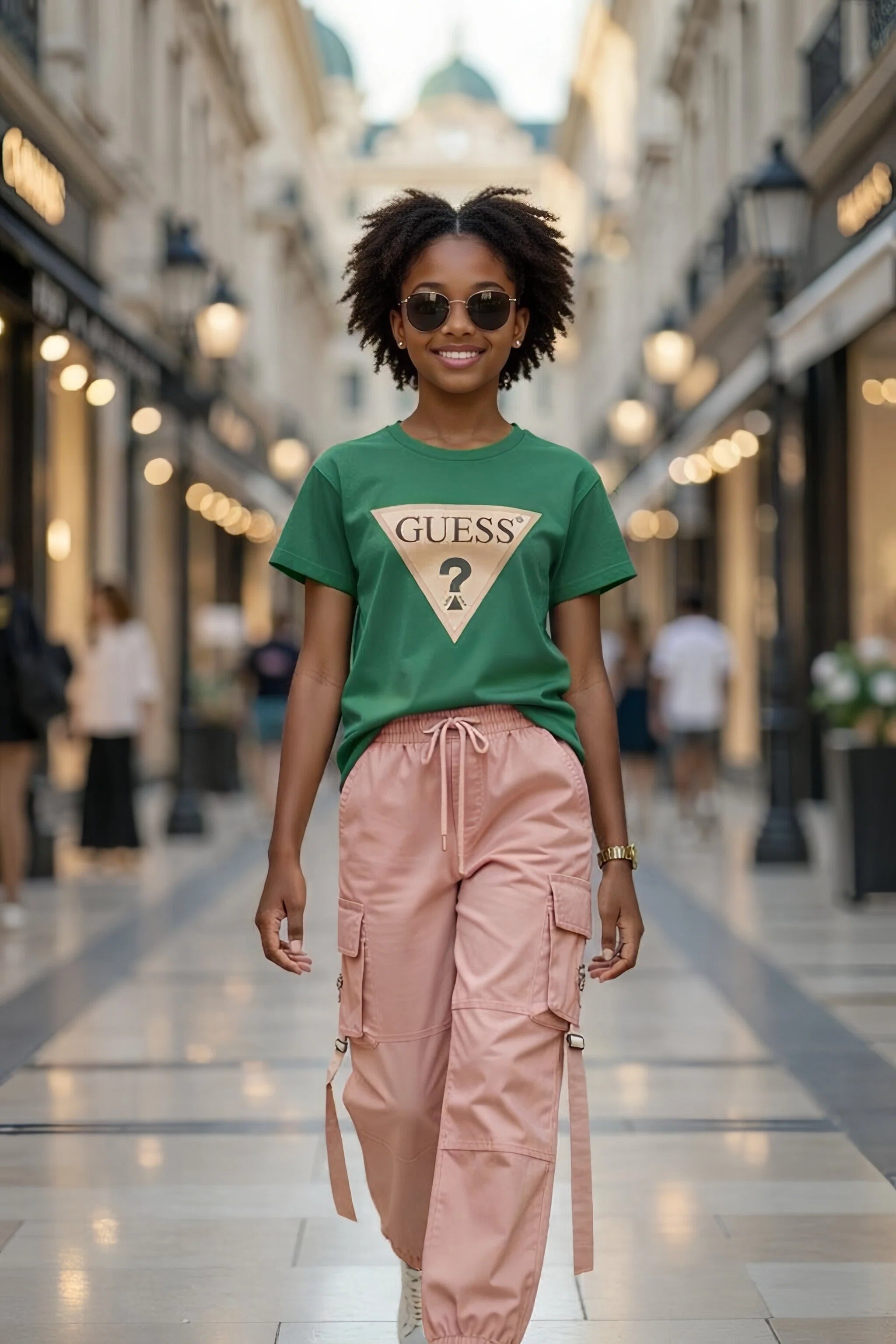 Guess Trendy Girls Casual Set – Green Ruffle Tee & Cargo Pants- Kids Girls (4 -14Y)