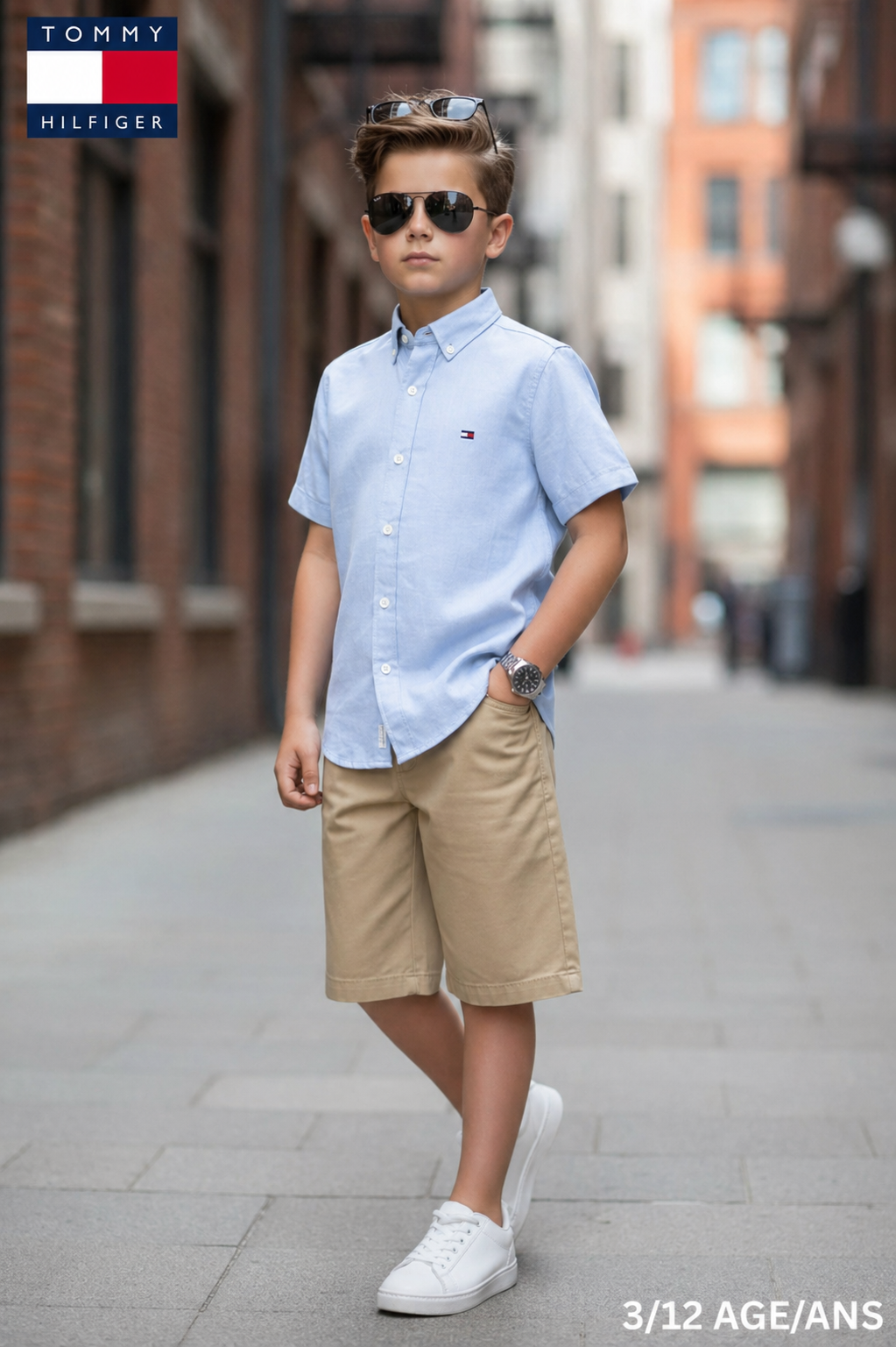 Tommy Boys Smart Casual Summer Set-Blue Shirt and Beige Shorts - Kids Boys (3-12Y)