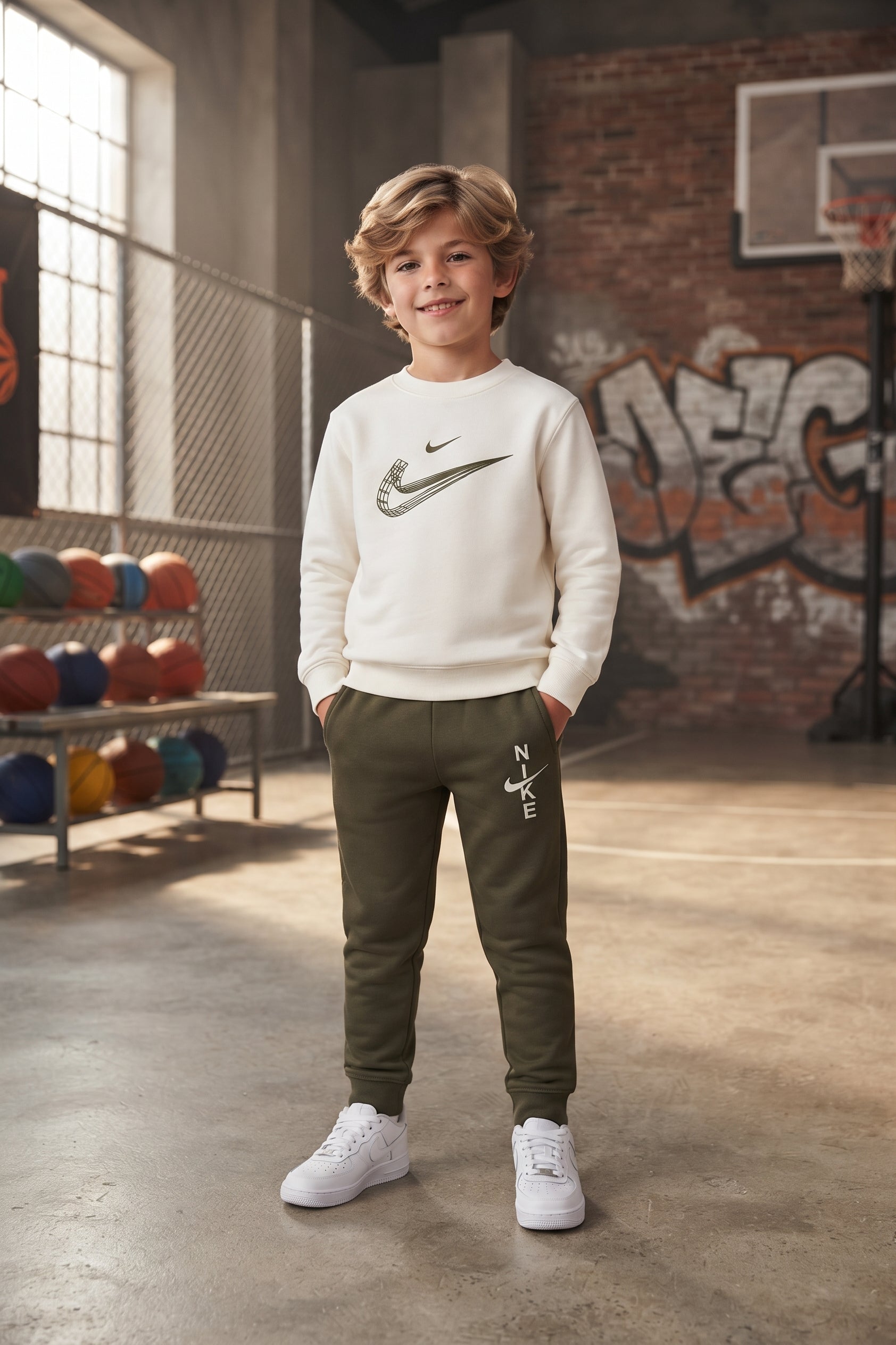 Nike Cream and Olive Green Sweatshirt Set (3 -12Y)