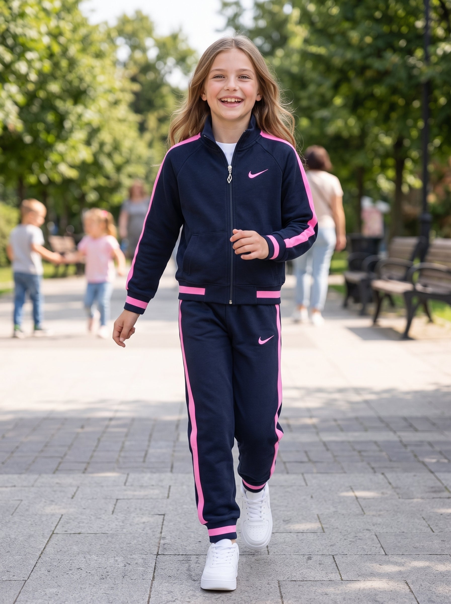 Girls Premium Navy and Pink Zip-Up Tracksuit Set- Girls (7 -16Y)