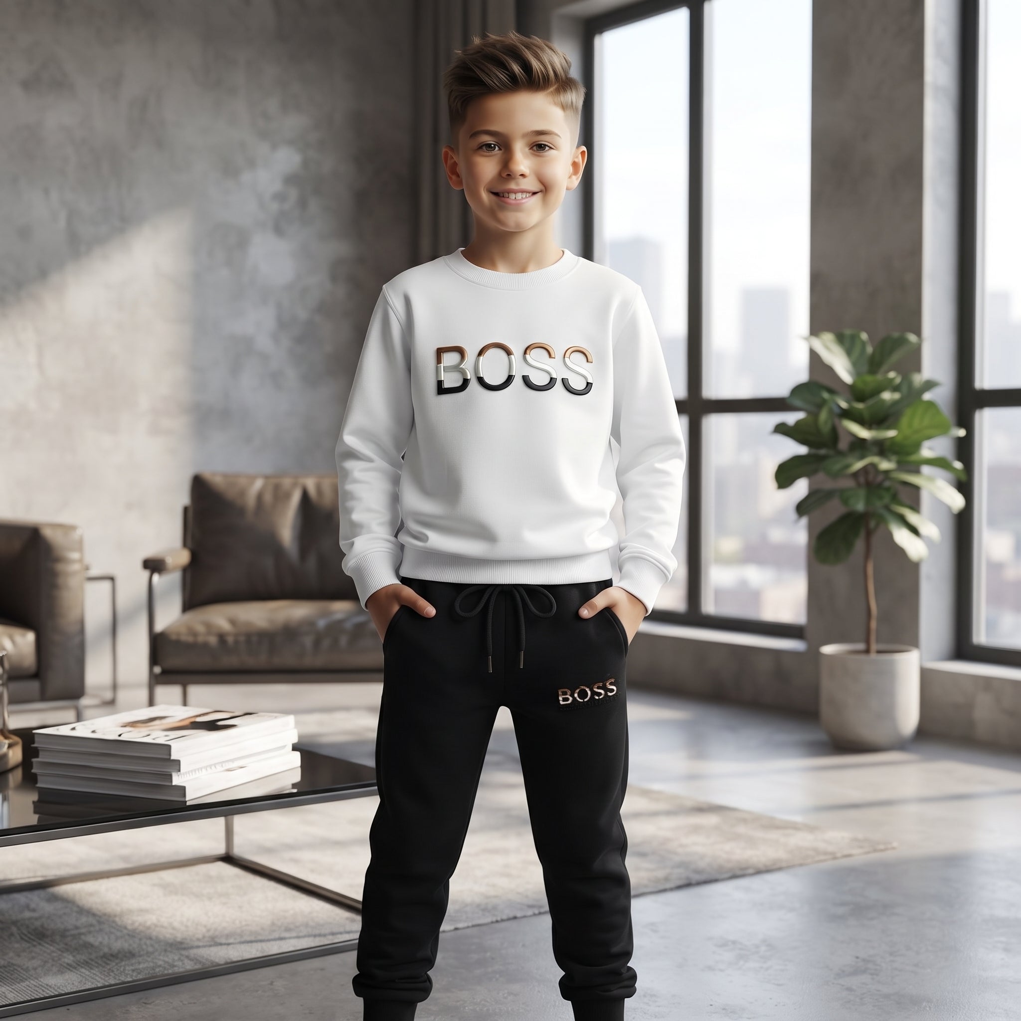 BOSS White and Black Sweatshirt Set- Kids Boys (3 -12Y)