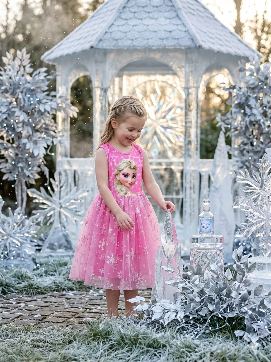 Frozen Pink Princess Snowflake Dress for Girls - Kids Girls (Age 3 -10Y)