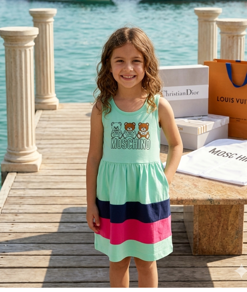 Chic Moschino-Inspired Summer Stripe Dress Green- Kids Girls (Age 2 -10Y)