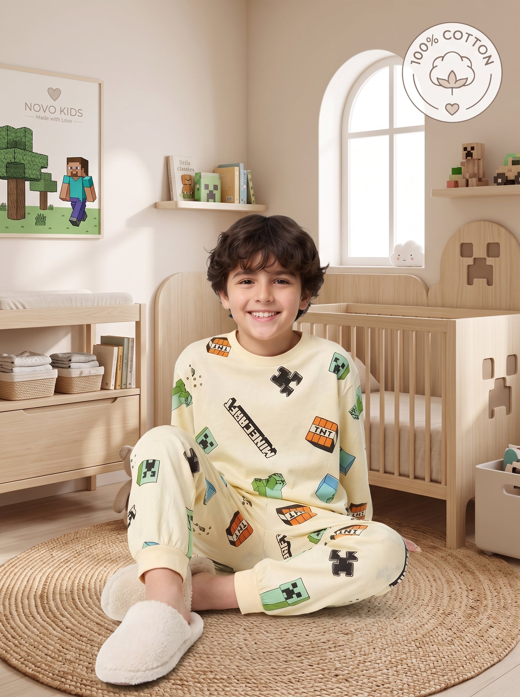 Boys Cream Minecraft Creeper and TNT Pajama - Kids Boys (Ages 4 -13)