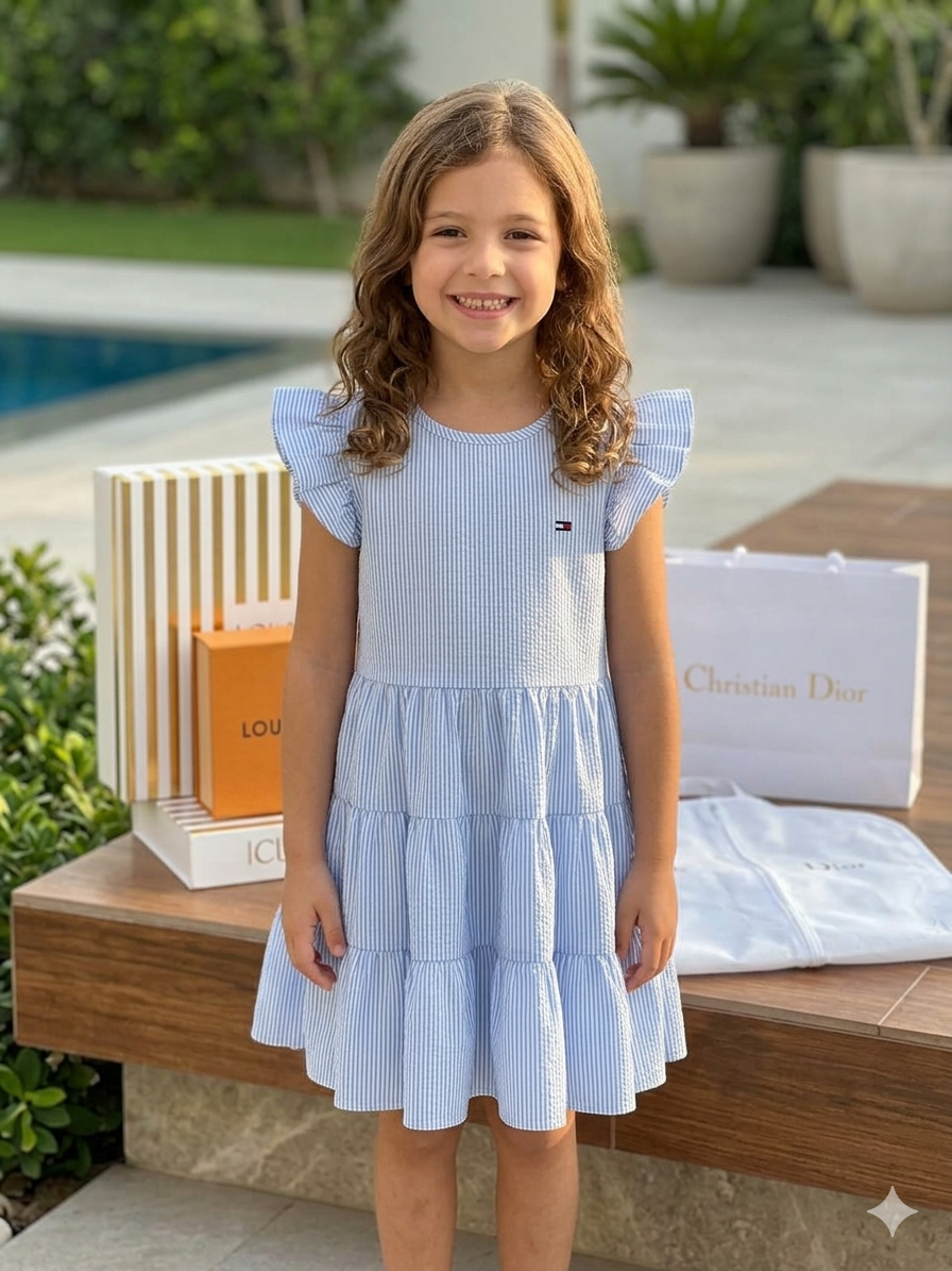 TOMMY Classic Striped Flutter-Sleeve Tier Blue Dress - Kids Girls (Age 2 -10Y)