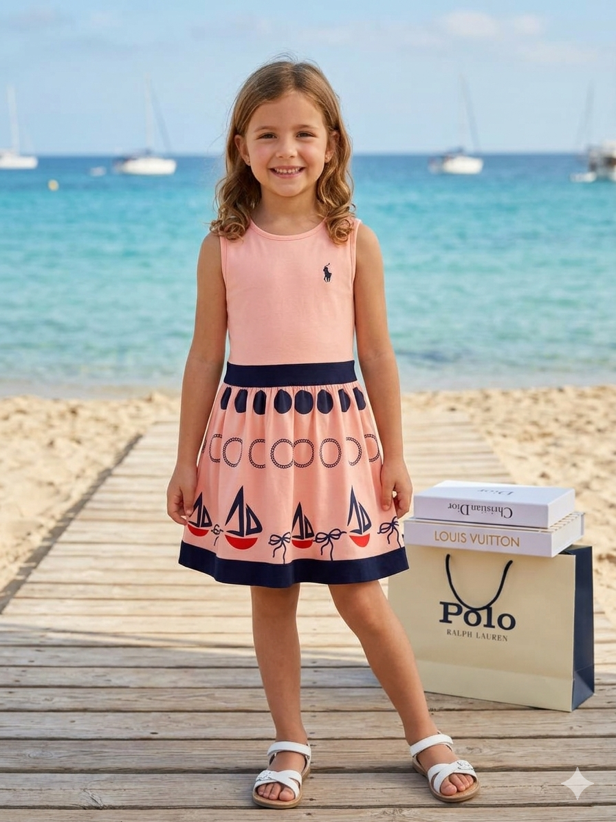 Polo Girls Nautical Summer Dress Peach- Kids Girls (Age 2 -12Y)