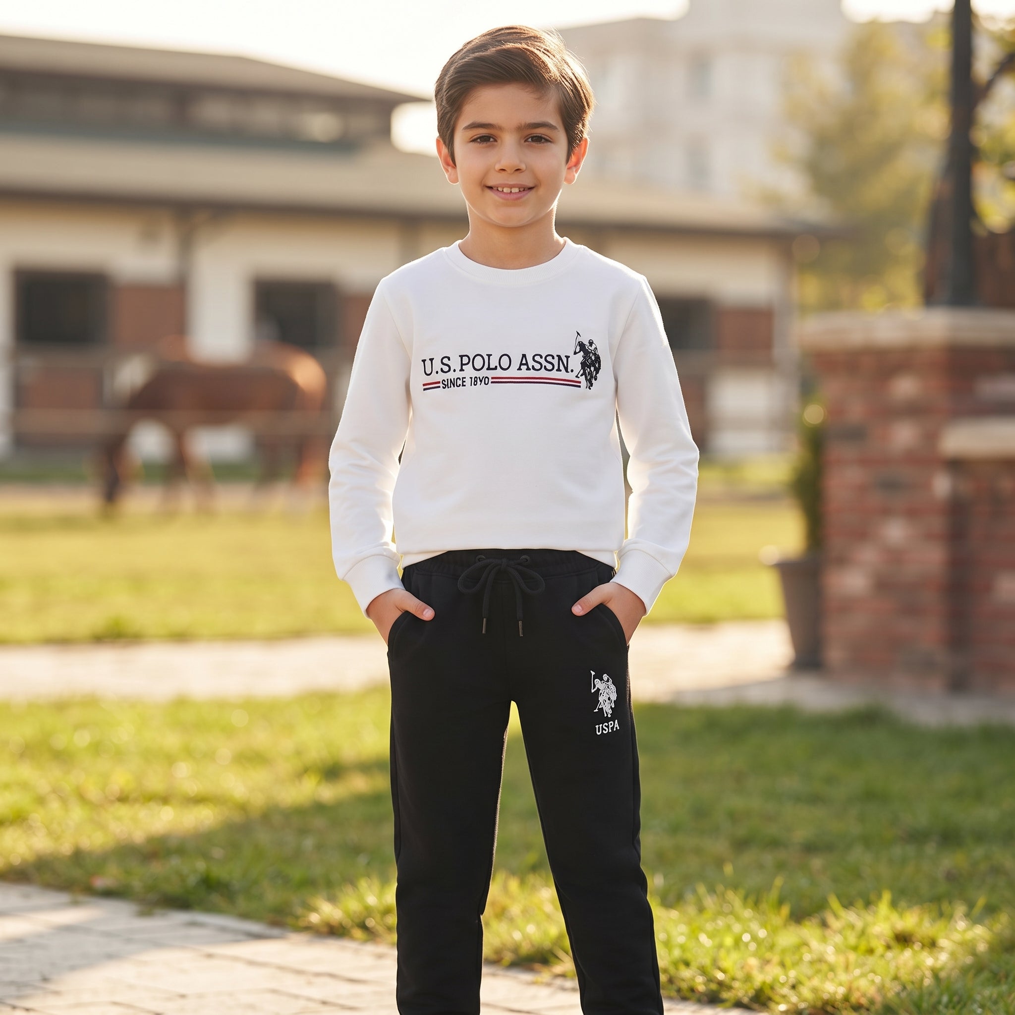 U.S. Polo Assn. White and Black Sweatshirt Set - Kids Boys (3 -12Y)