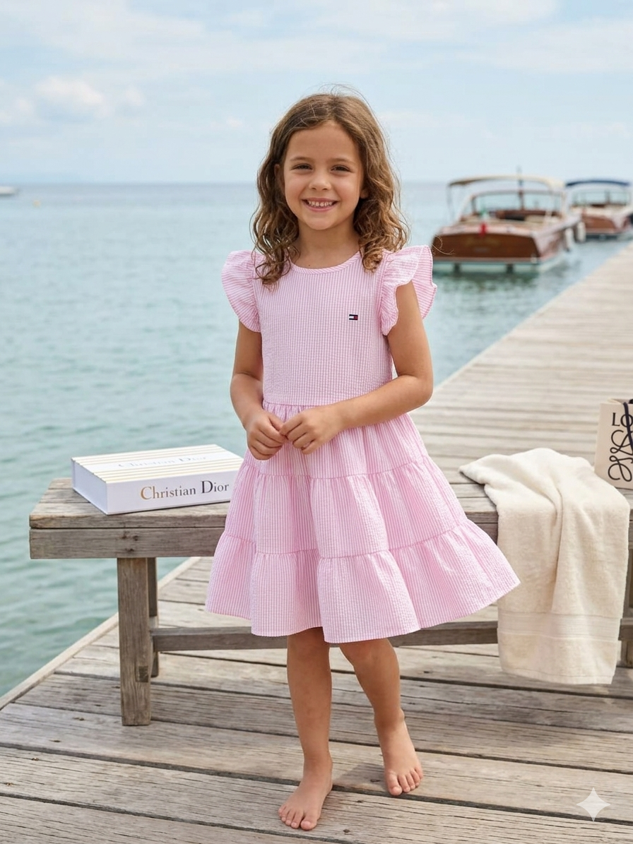 TOMMY Classic Striped Flutter-Sleeve Tier Pink Dress - Kids Girls (Age 2 -10Y)