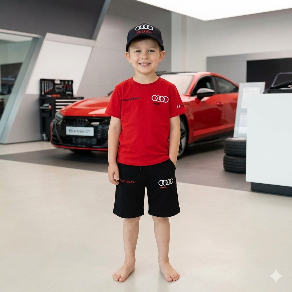 Audi Sport Kids Red Sleek T-Shirt, Shorts and Cap Set - Kids Boys/Teens (Age 2-16)