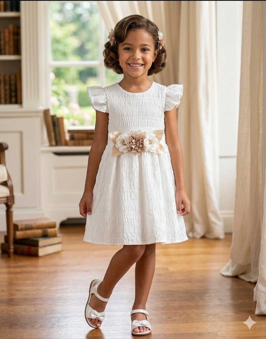 Elegant Smocked Floral Party Dress  White - Kids Girls (Age 2 -5Y)