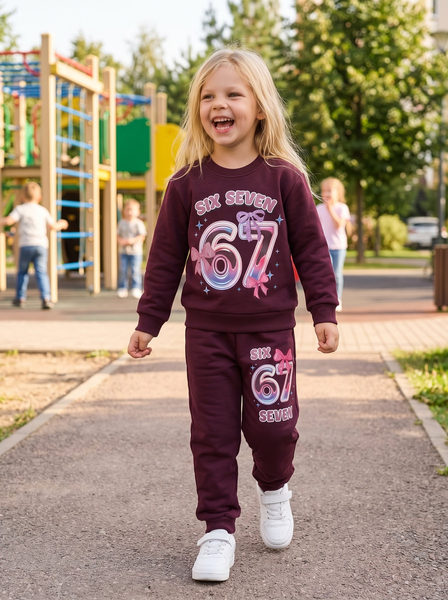 Kids Burgundy Ribbon "67" Sweatshirt and Joggers Set - Girls (3 -10Y)