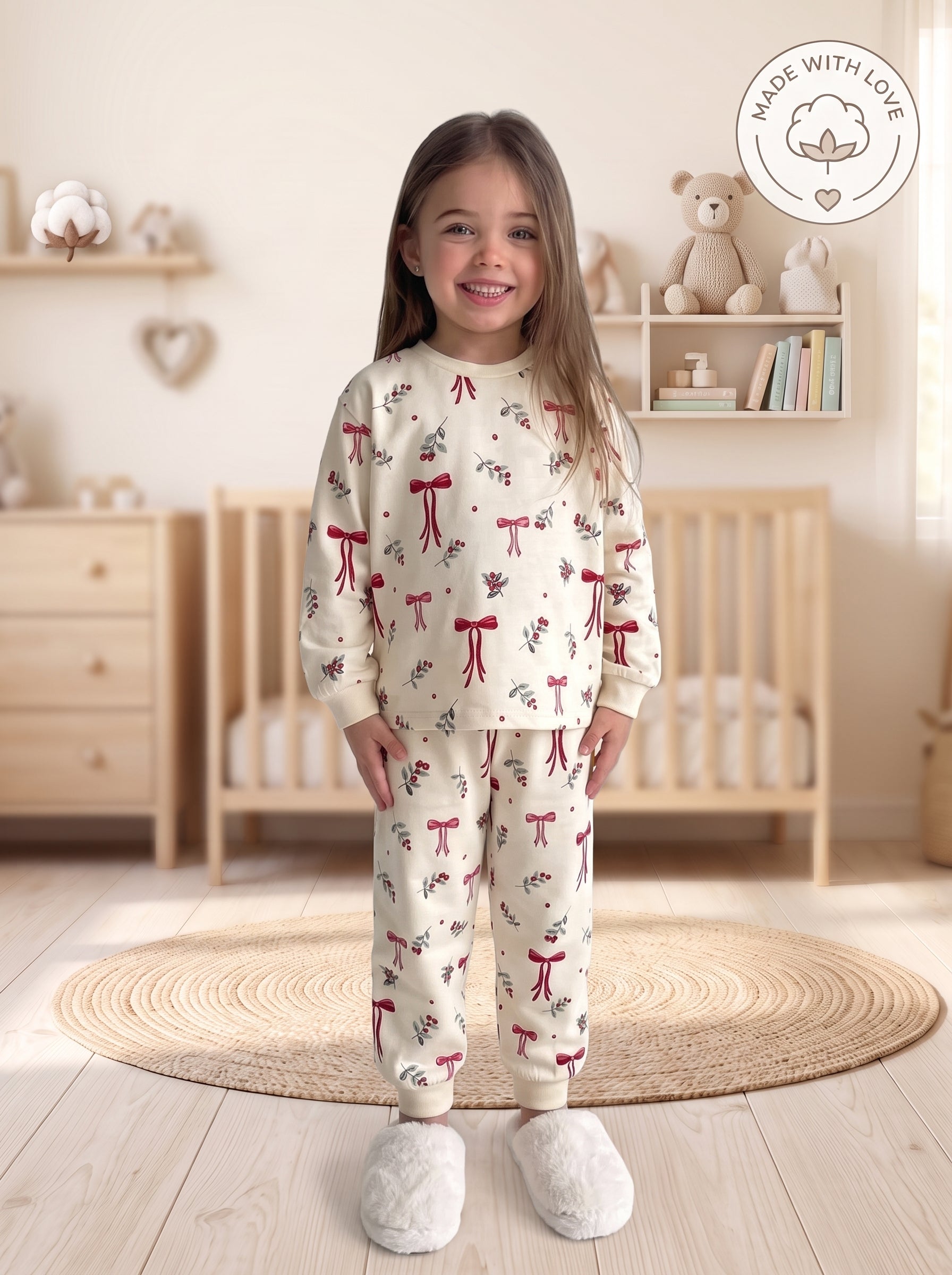 Girls Cream Red Bow and Holly Berry Pajama - Kids Girls (Ages 9-13)