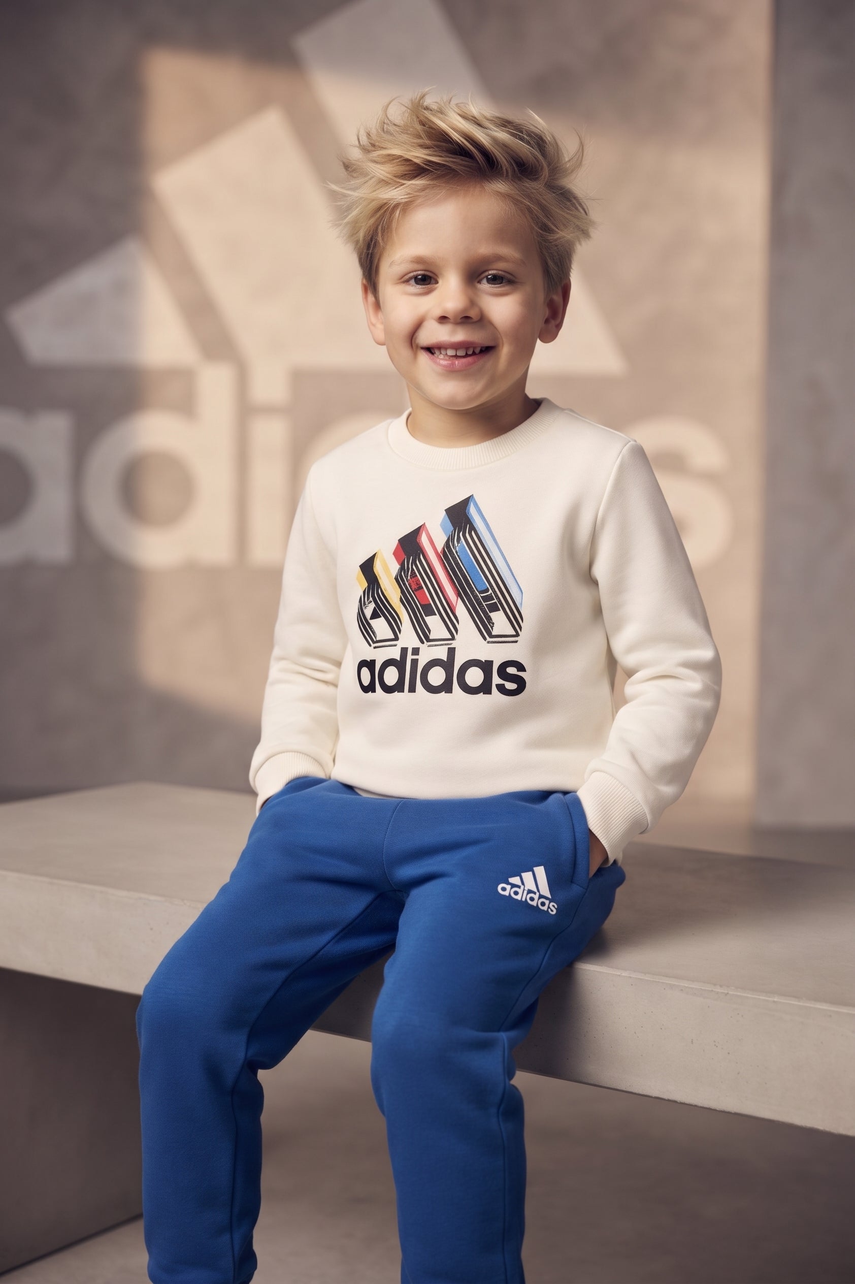 Adidas Cream and Blue Sweatshirt Set - Boys (3-12Y)