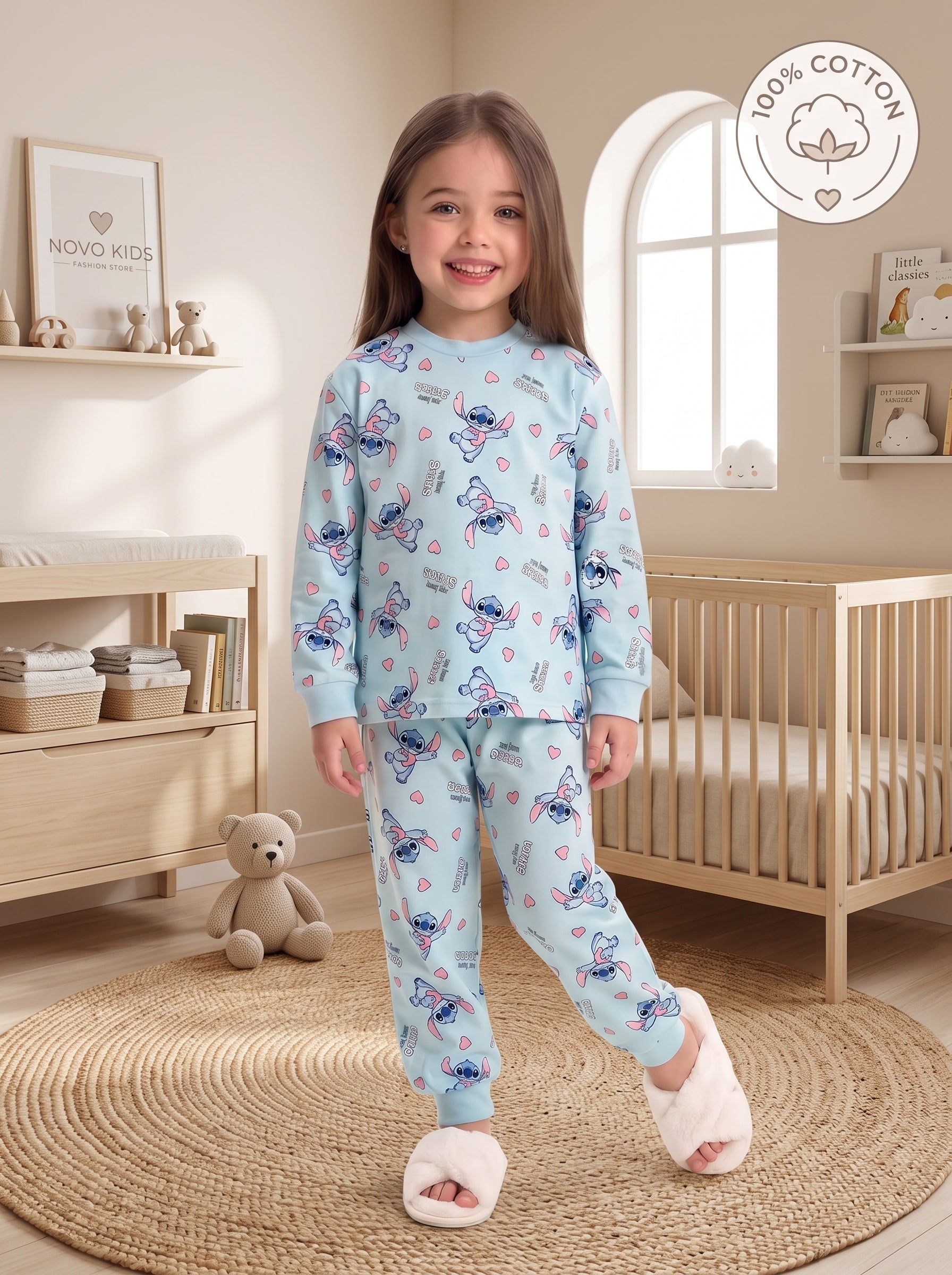 Girls Blue Stitch Long-Sleeve Pajama - Kids Girls (Ages 4 -13)