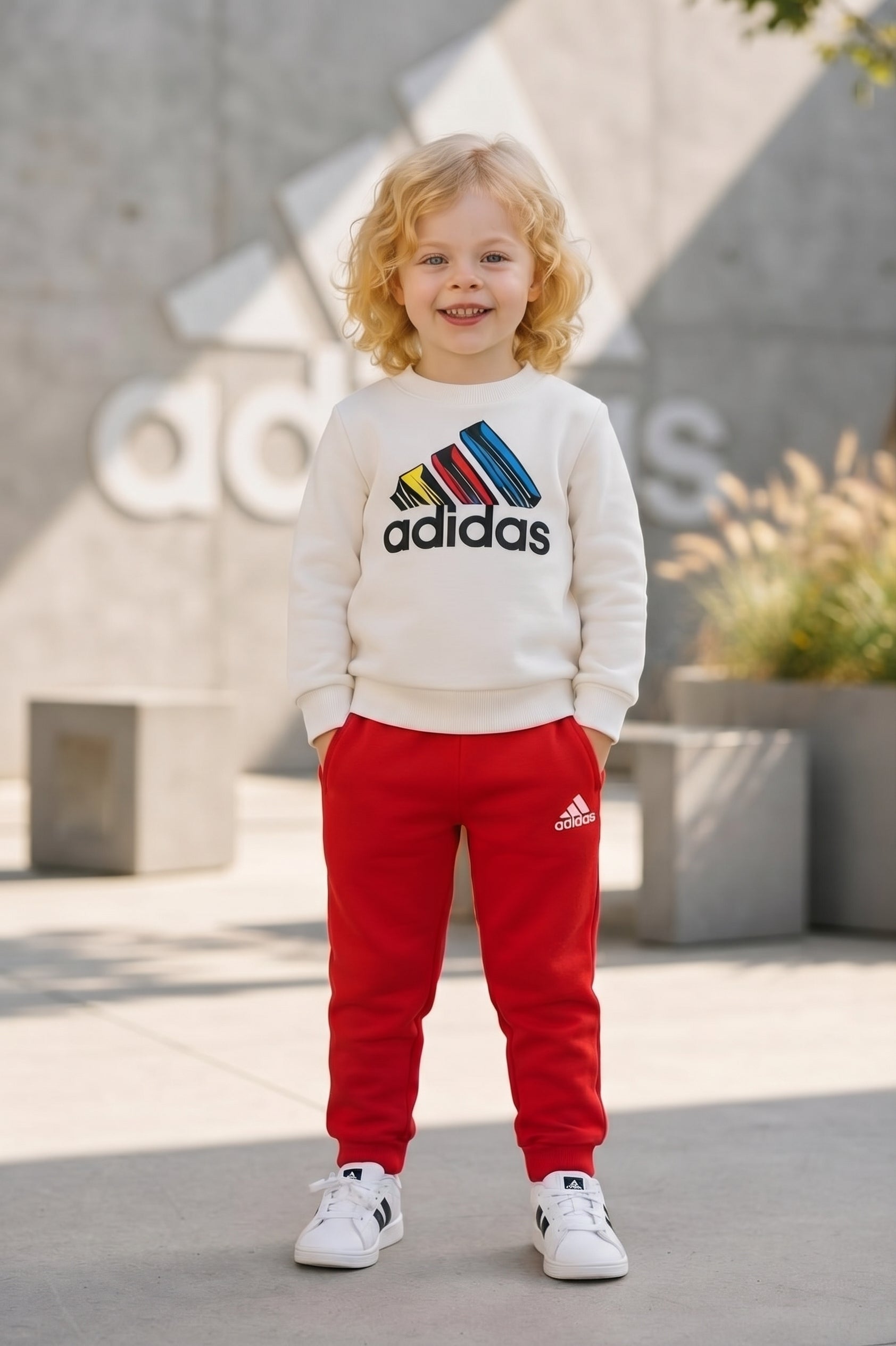 Adidas Cream and Red Sweatshirt Set - Boys/Girls (3 to 12Y)