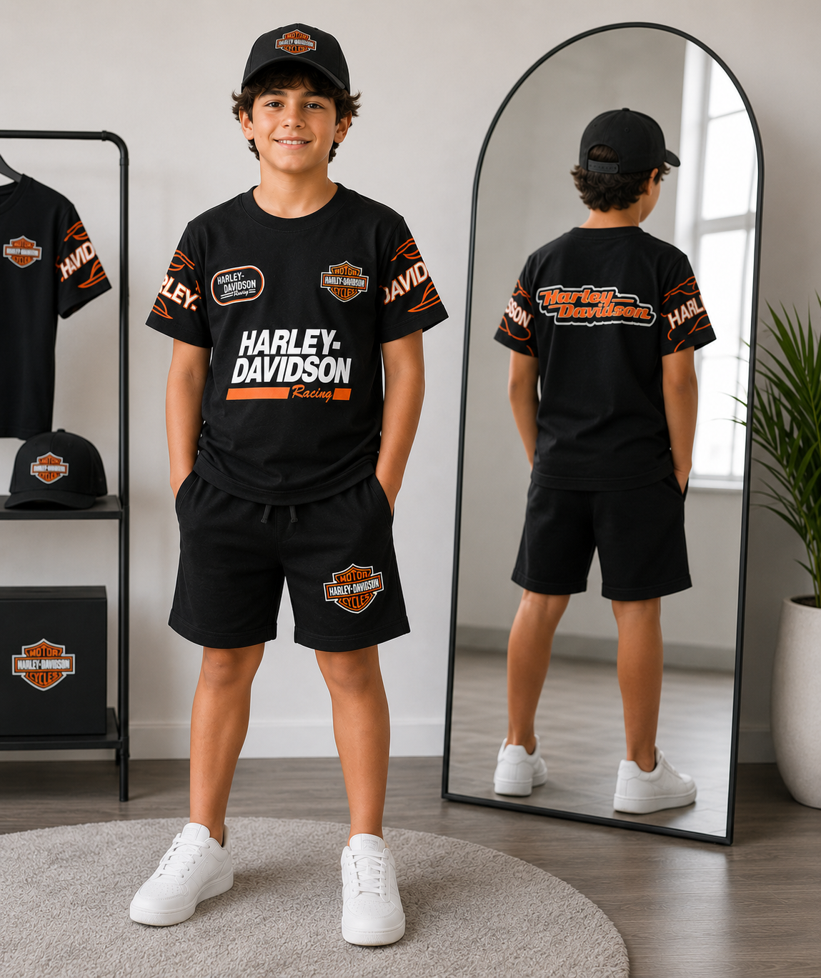Harley Davidson Boys Racing Graphic BlackTee and Shorts Set - Kids Boys/Teens (Age 2-16)