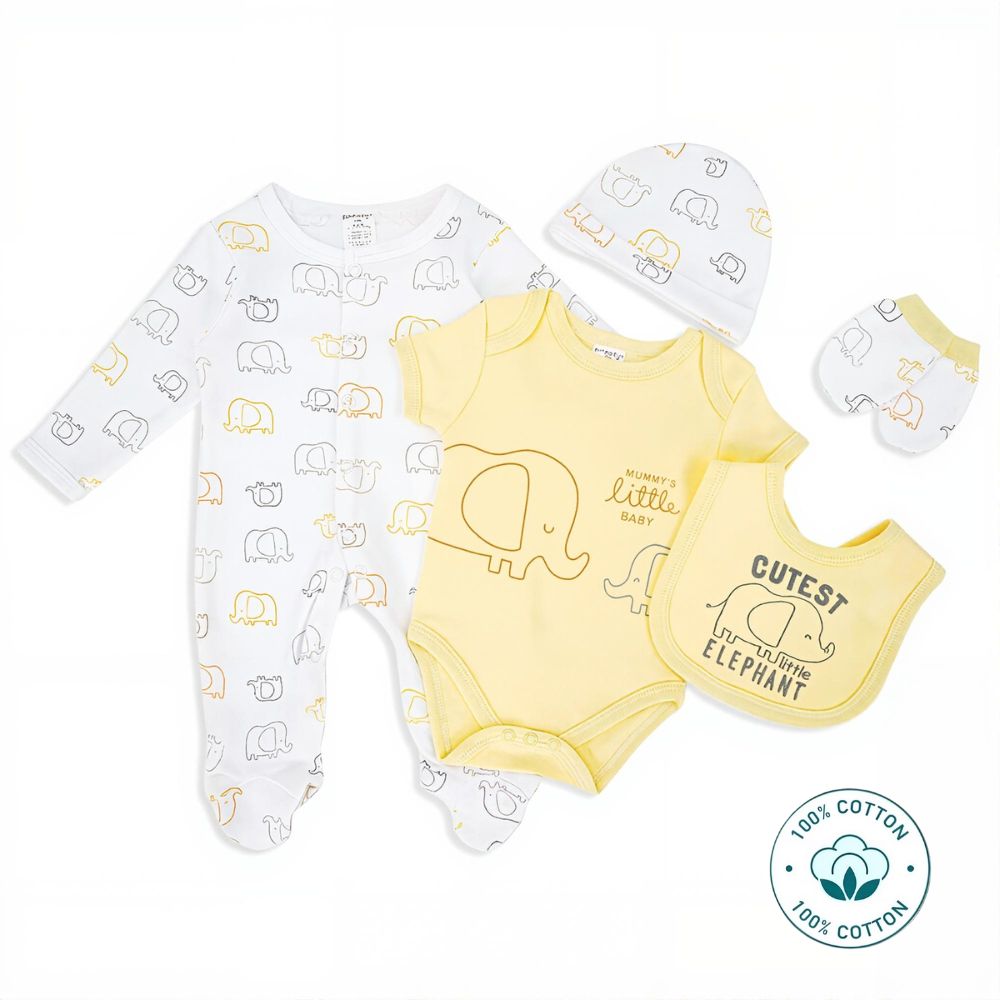 Newborn Baby  5 Piece Cotton Set - Elephant Design  – (Newborn – 6 M)