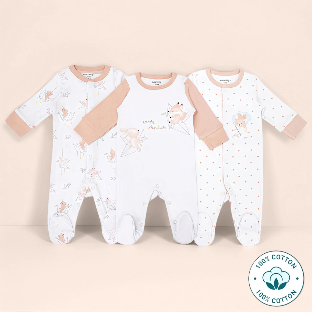 Newborn 3-Pack Baby Girl Sleepsuit Set – Cute Family Animal (Newborn – 9 M)