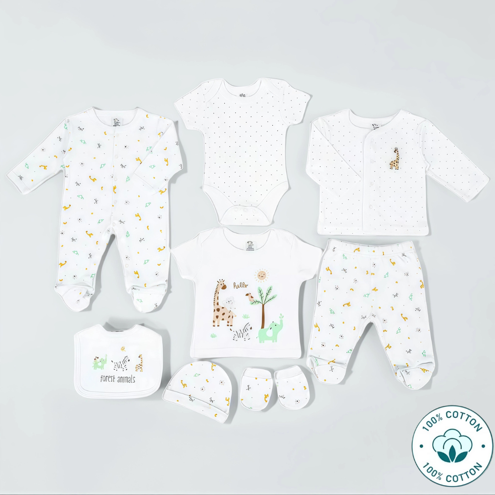 Newborn Baby 8 Piece Cotton Set – Forest Animal – (Newborn – 6 M)