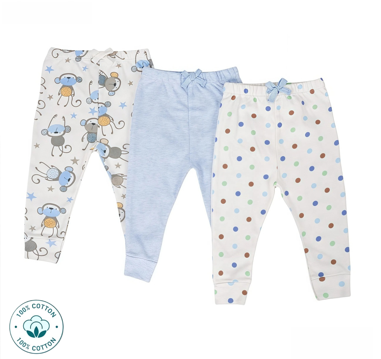 Newborn  3-in-1 Boys Cotton Pants Set –Monkey and Dots  Design (Newborn – 9 M)