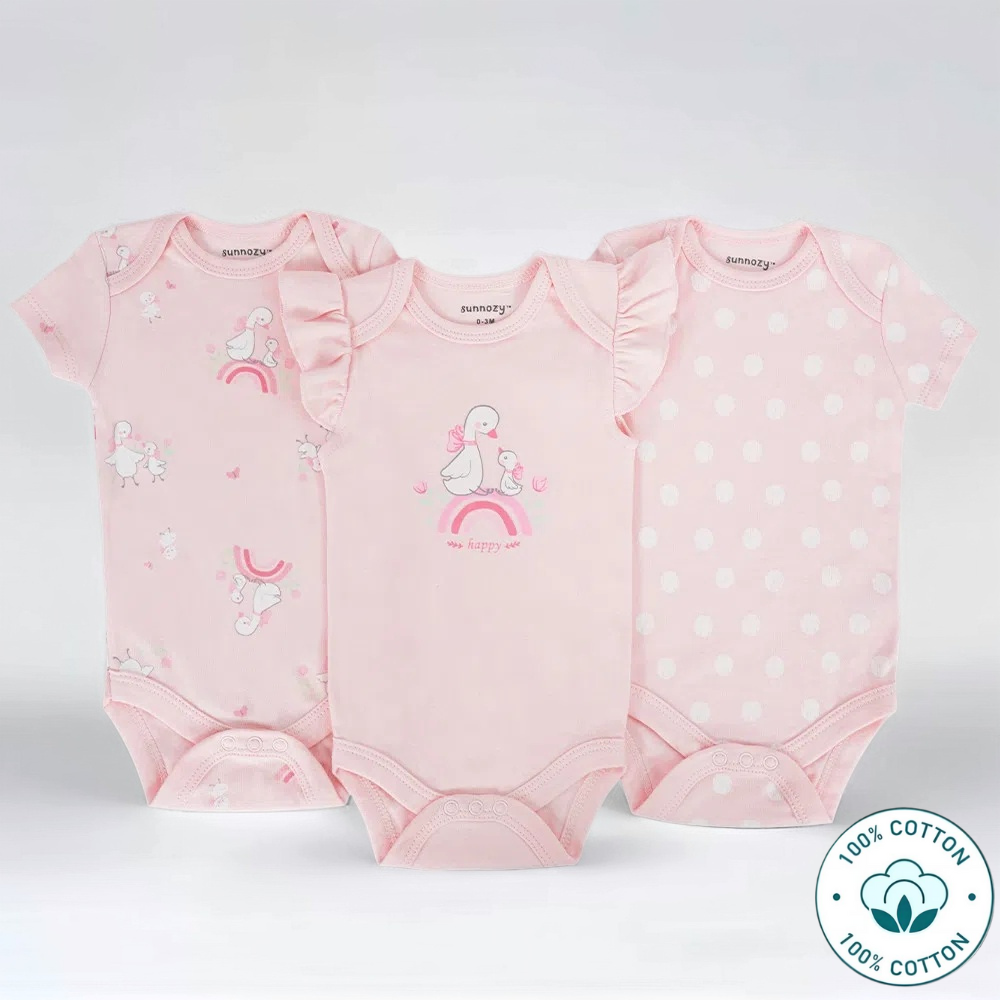 Newborn 3-Piece Baby Girl Bodysuit Set – Pink Duck and Rainbow (Newborn – 9 M)