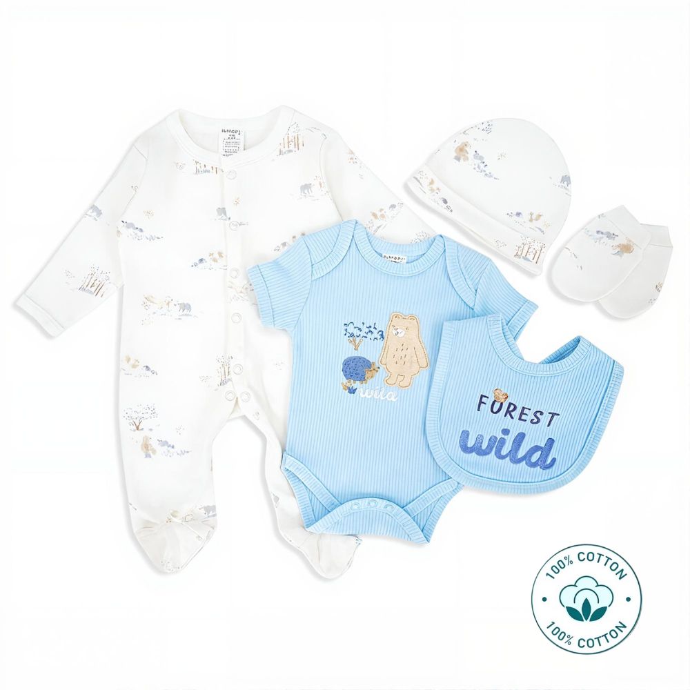 Newborn Baby 5 Piece Cotton Set – Forest and Bear Design  – (Newborn – 6 M)