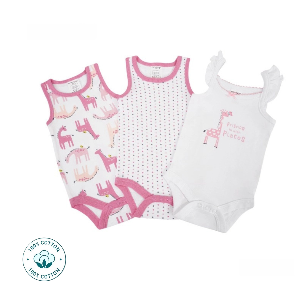 Newborn 3-Piece Baby Girl Sleevless Bodysuit Set –  Giraffe Friends (Newborn –9M)