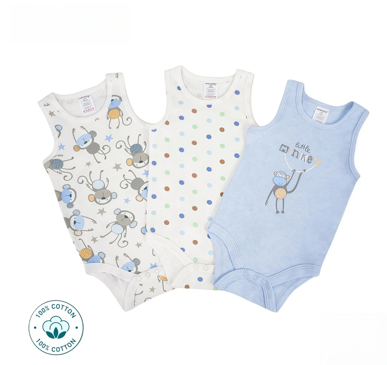 Newborn 3-Piece Baby Boy sleevless  Bodysuit Set – Little monkey (Newborn –9M)