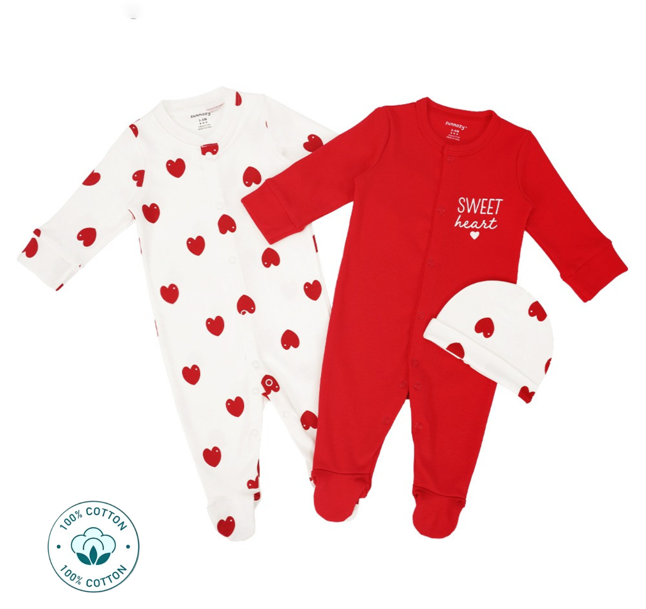 Newborn 2-Piece Baby Girl Romper and Hat Set–  red hearts (Newborn – 9 M)