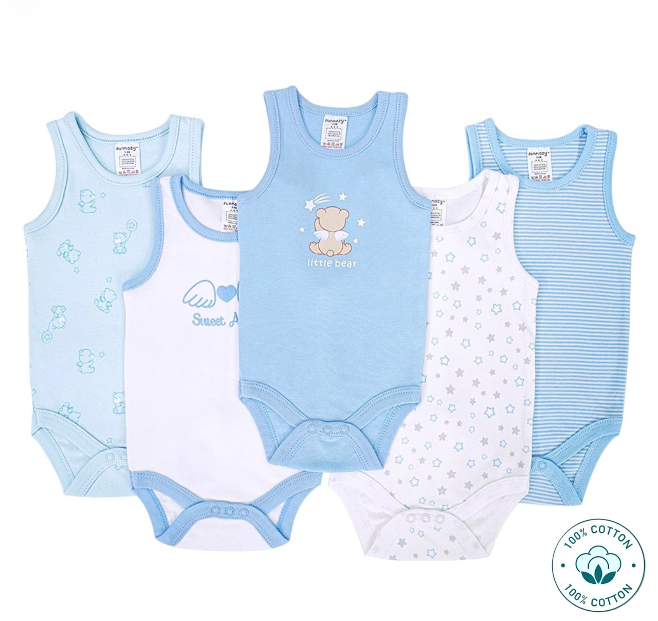 Newborn 5-Piece Baby Boy sleevless  Bodysuit Set – Little Bear (Newborn –9M)