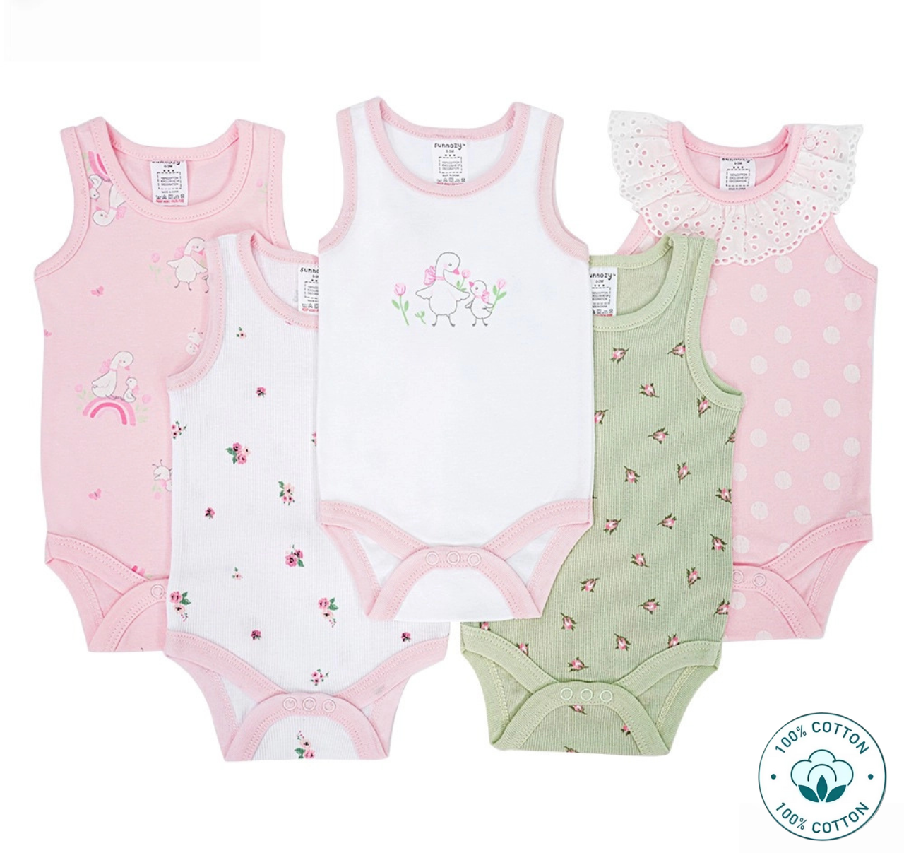 Newborn 5-Piece Baby Girl Sleevless Bodysuit Set –  Little ducks (Newborn –9M)