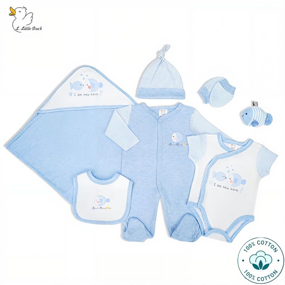 Newborn Baby 7 Piece Cotton Set – Fish Design– (Newborn – 6 M)