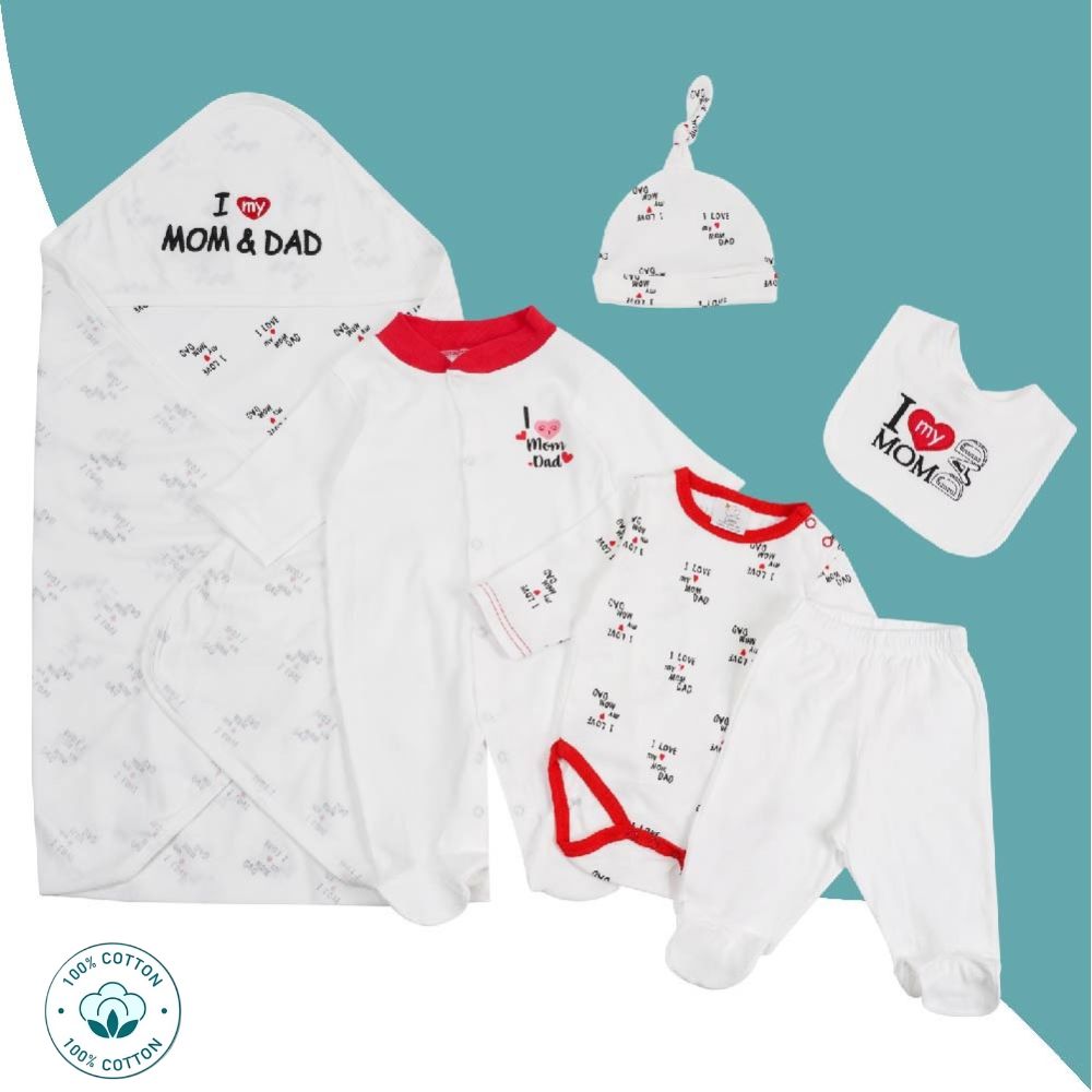 Newborn Baby 6 Piece Cotton Set – I Love Mom and Dad  – (Newborn – 6 M)