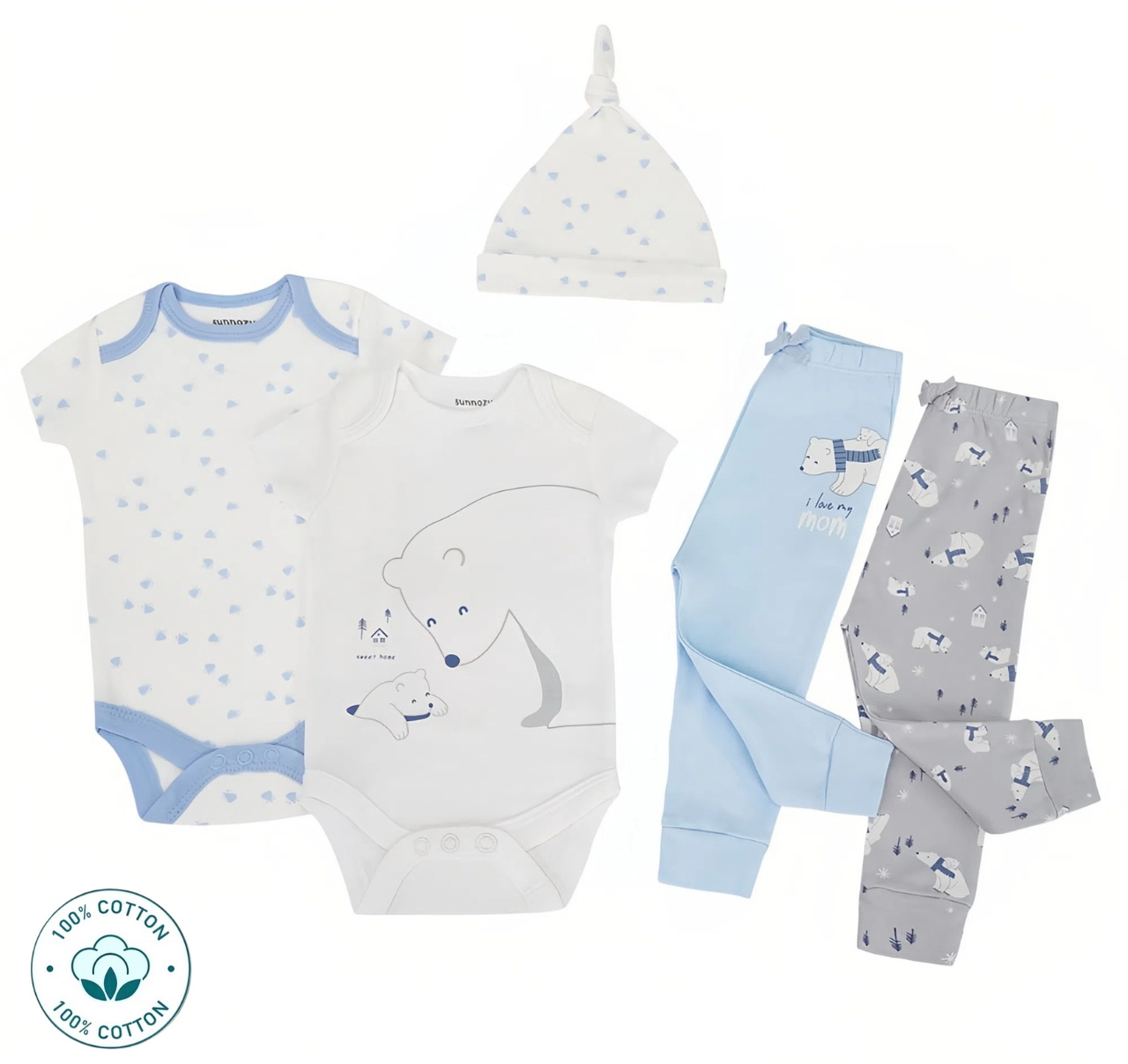 Newborn 5-Piece New Born  Rompers, Pants and  Hat Set-Polar Bear Design (Newborn –9M)