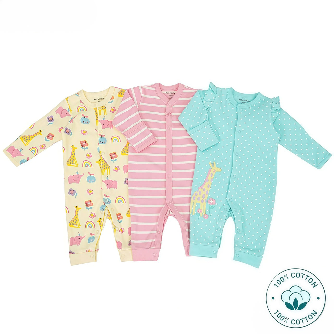 Newborn 3-Pack Baby Girl Romper Set –  Giraffe Design (Newborn – 9 M)