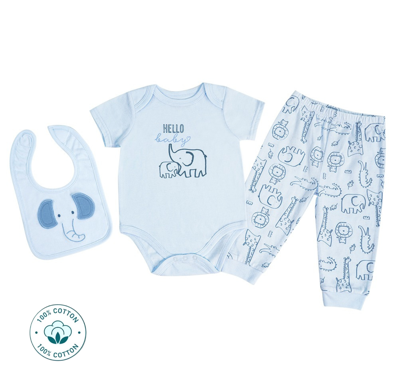 Newborn 3-Piece New Born  Romper, Pants and  Bib Set - Elephant Design (Newborn –9M)