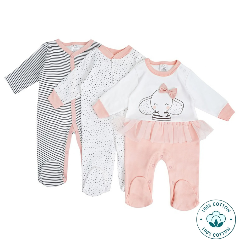 Newborn 3-Pack Baby Girl Sleepsuit Set – Cute Elephant  (Newborn – 6 M)