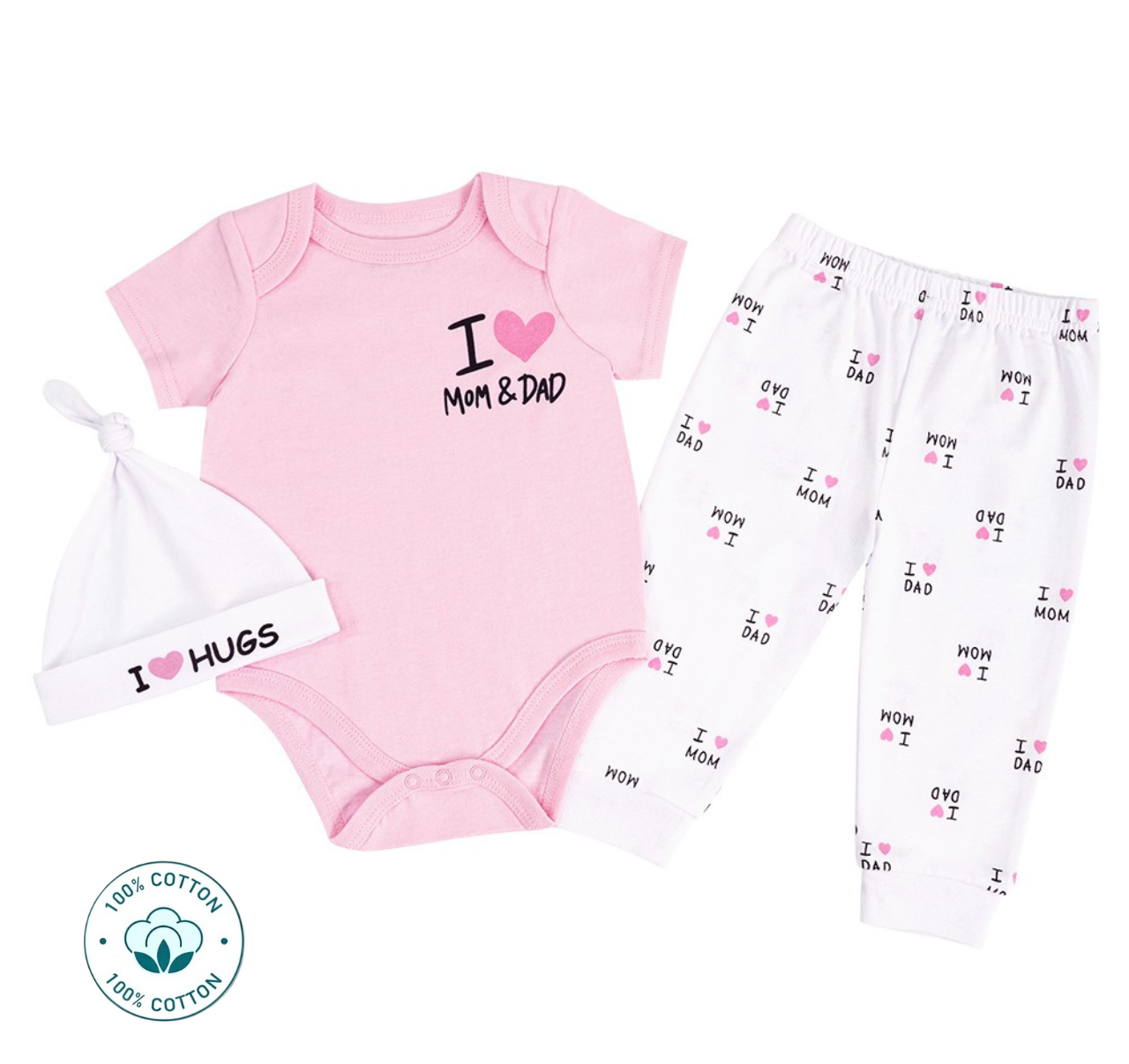 Newborn 3-Piece New Born Romper Pants and hat girl Set - I Love Mom and Dad (Newborn –9M)