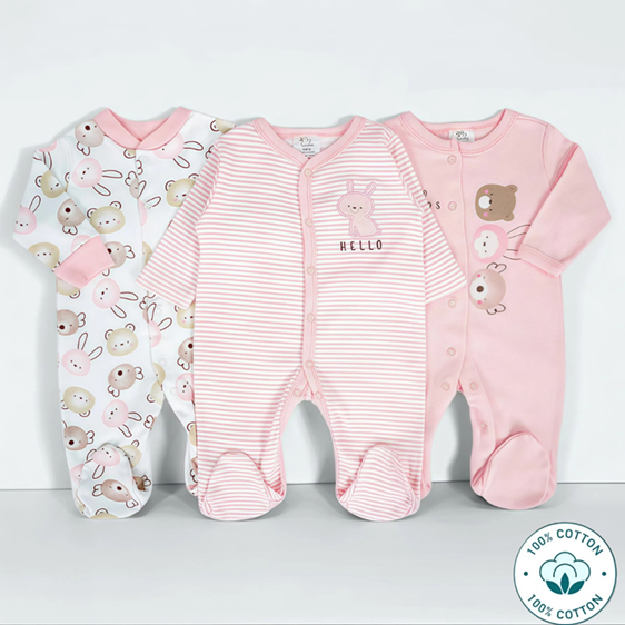 Newborn 3-Pack Baby Girl Sleepsuit Set – Hello Rabbit  (Newborn – 6 M)