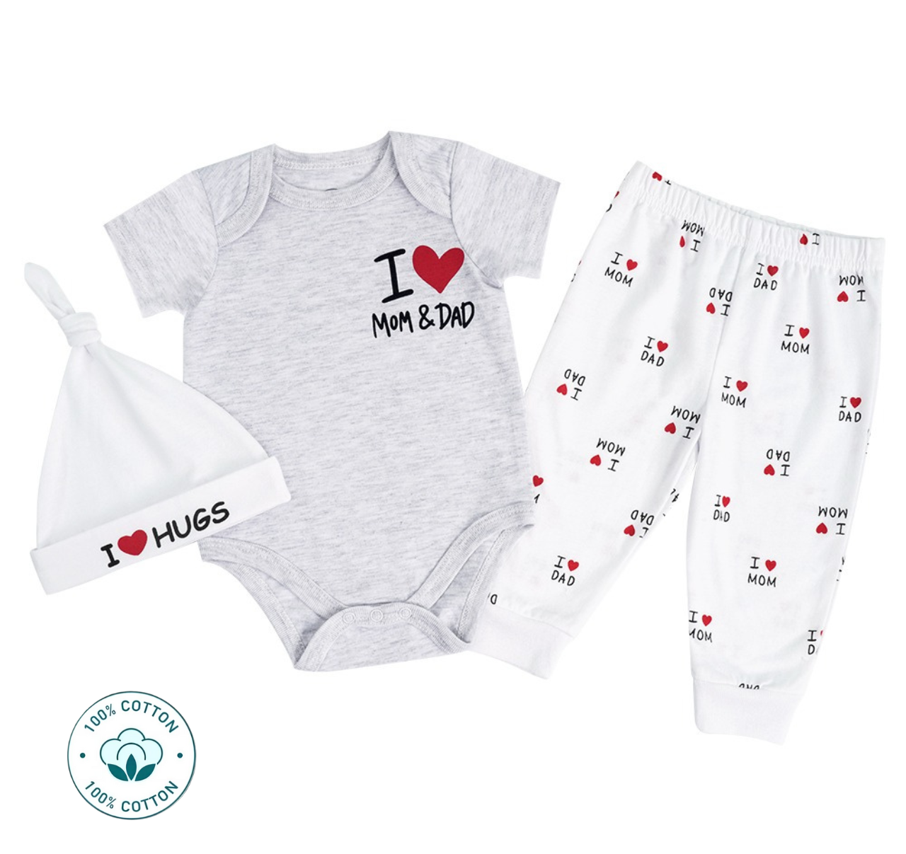 Newborn 3-Piece New Born Romper Pants and hat Set - I Love Mom and Dad (Newborn –9M) (Copy)