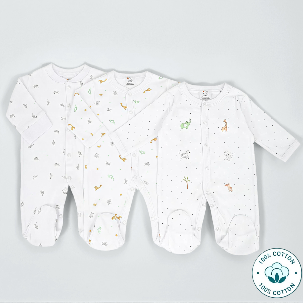 Newborn 3-Pack Baby Sleepsuit Set – Giraffe Theme (Newborn – 9 M)