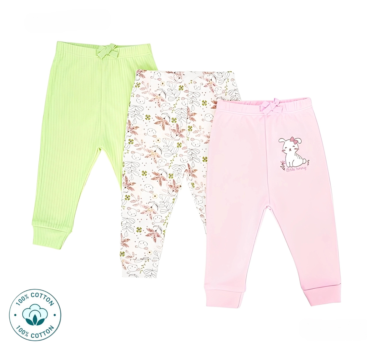 Newborn  3-in-1 Girls Cotton Pants Set –Mix Color Rabit Design (Newborn – 9 M)