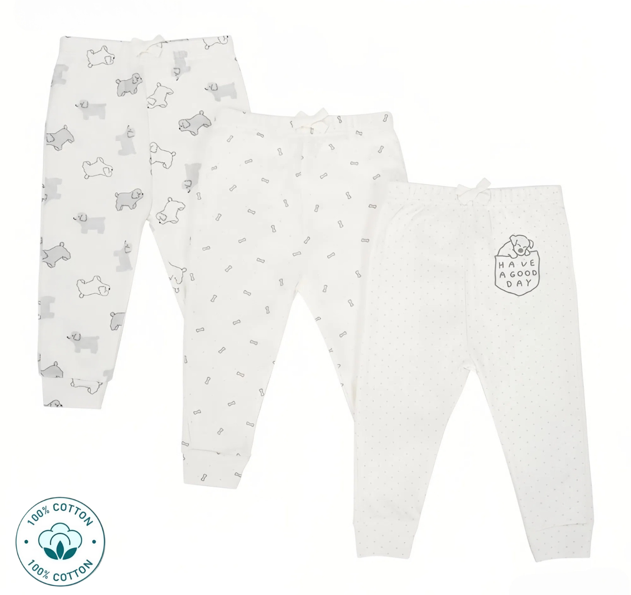 Newborn  3-in-1 Cotton Pants Set – Puppy Design (Newborn – 9 M)
