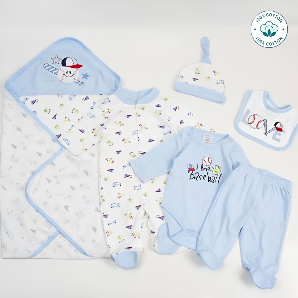 Newborn Baby 6 Piece Cotton Set – I Love Baseball– (Newborn – 6 M)