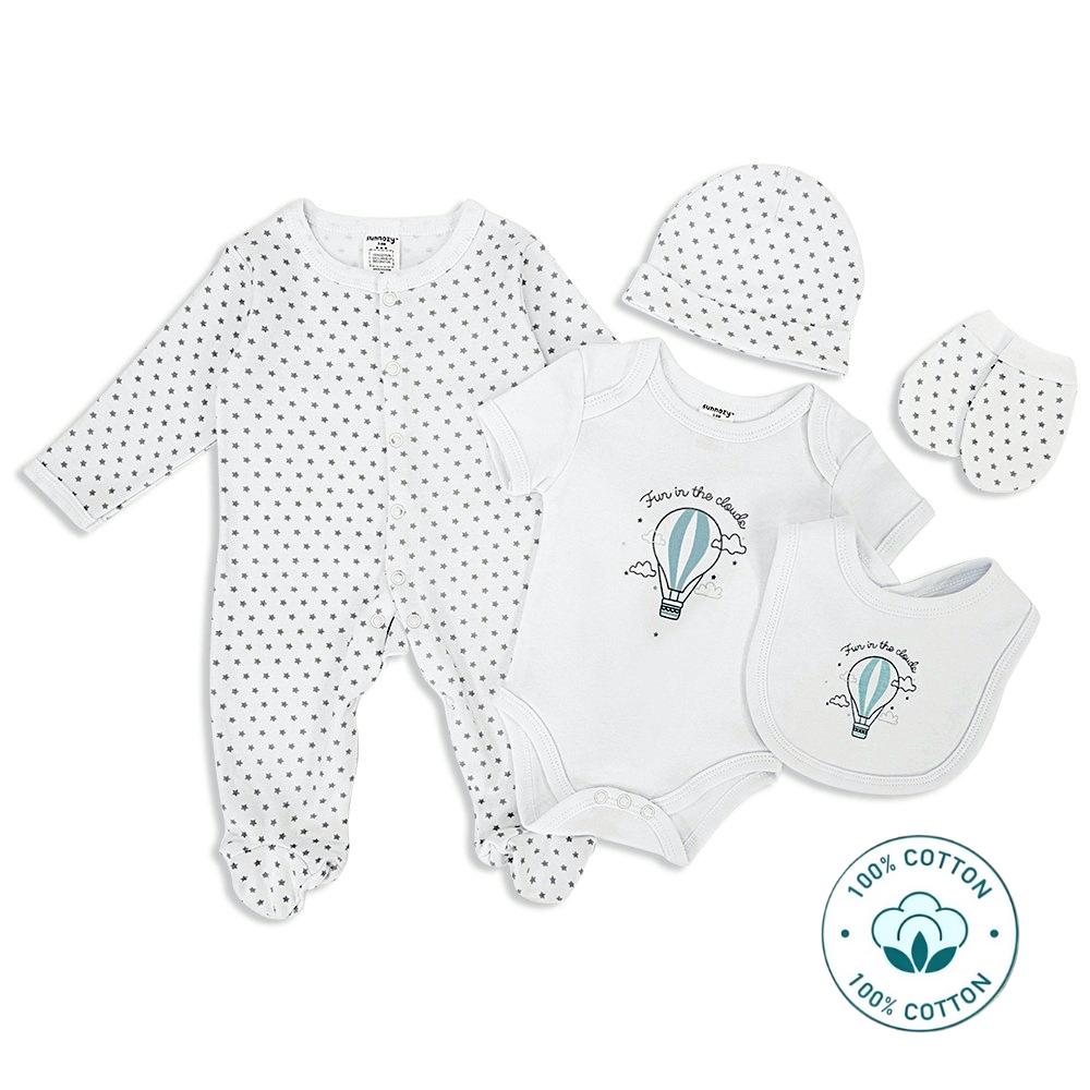 Newborn Baby 5 Piece Cotton Set – Hot Air Balloon Design  – (Newborn – 6 M)