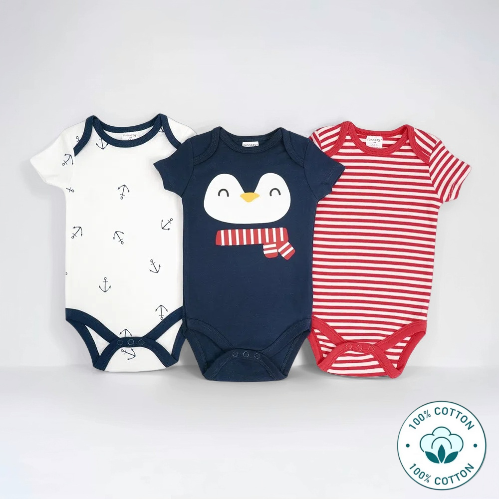 Newborn 3-Piece Baby Bodysuit Set – Penguin and Nautical Theme (Newborn – 9 M)