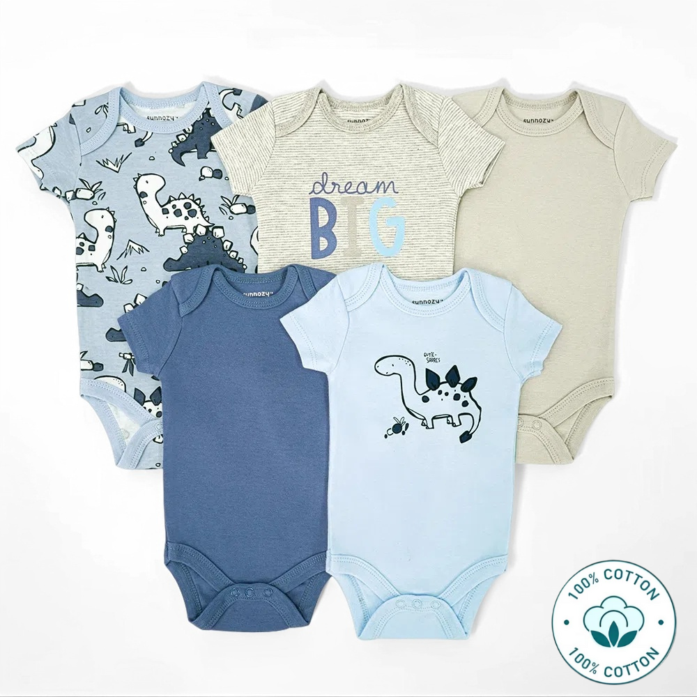 Newborn 5-Piece Baby Boy Bodysuit Set – Dinosaur and Dream Big (Newborn – 9 M)