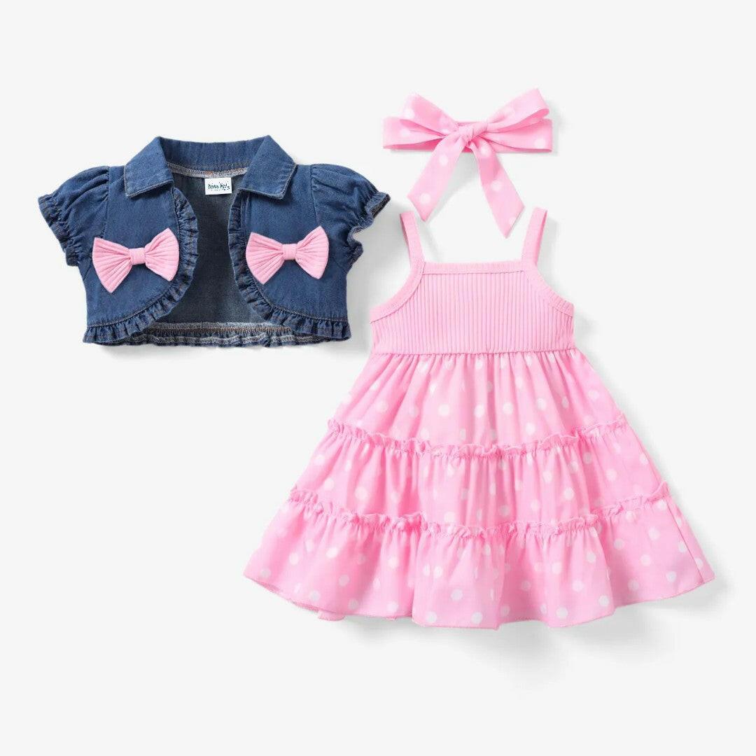 Sweet Denim & Polka Dot Dress Set with Headband - Baby Girls (3pcs) - Novo Kids