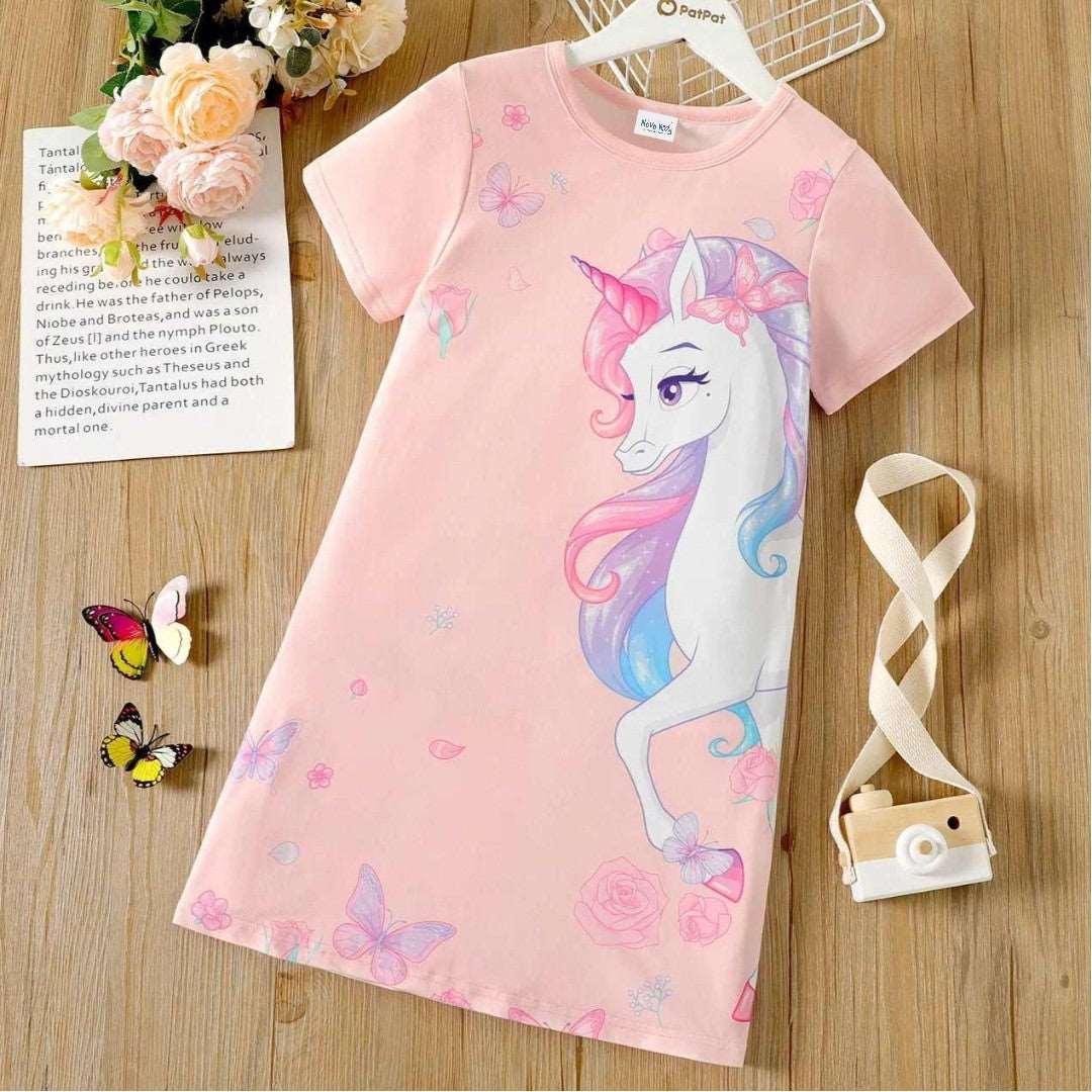 Unicorn Print Short-sleeve Dress - Kids Girl - Novo Kids